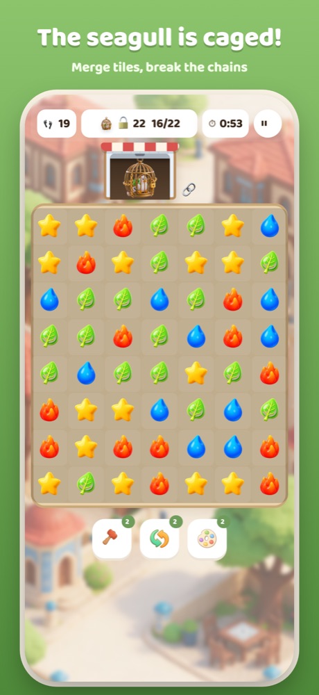 A screen from the game: the caged seagull and the tiles